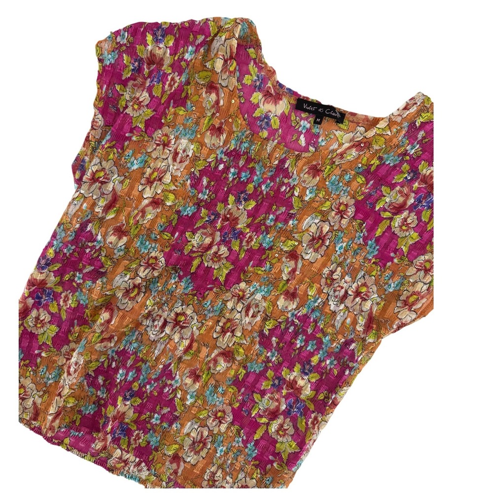 Violet & Claire Floral‎ Boho Fairycore Sequin Blouse Pink Metallic Crinkle Top M